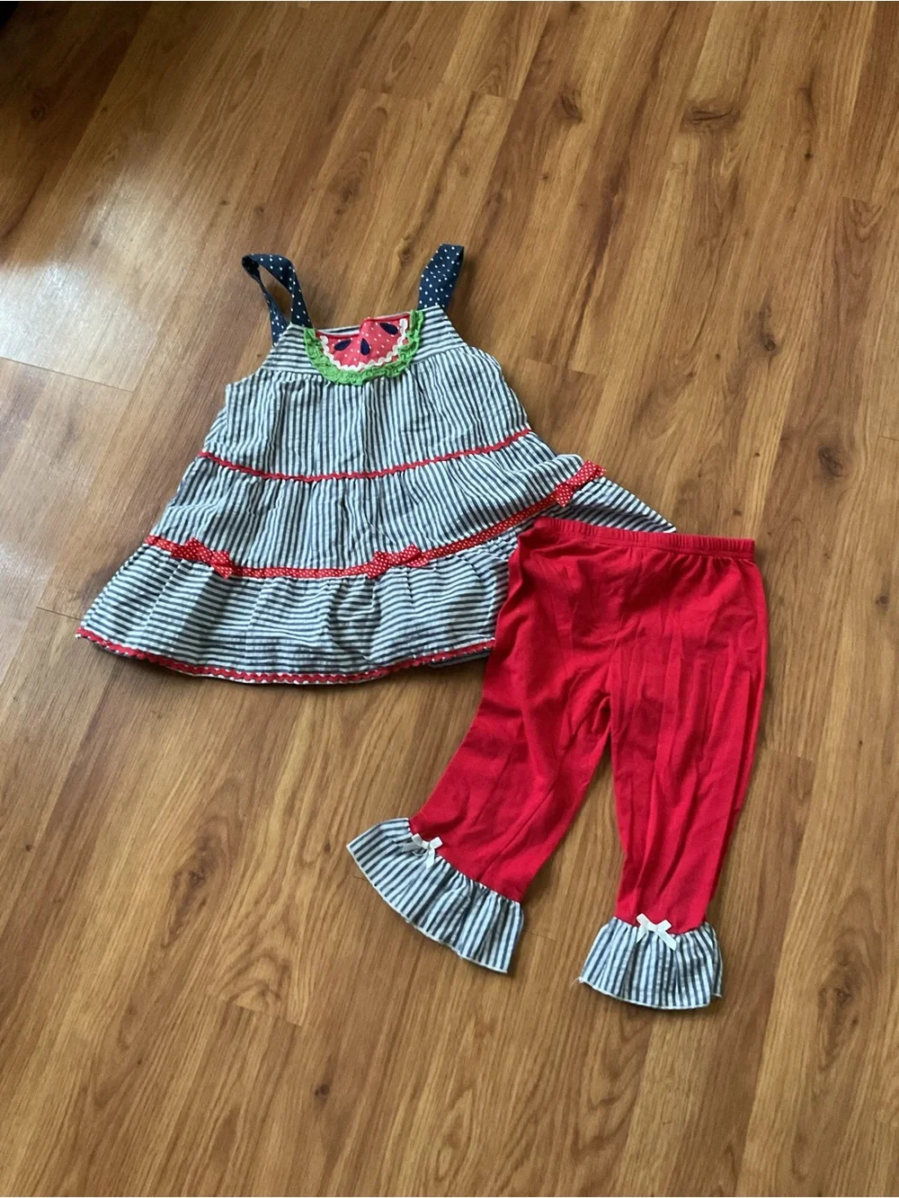 Nannette Girls Outfit 2 Piece Set Watermelon Striped Dress Ruffled Pants Size 6